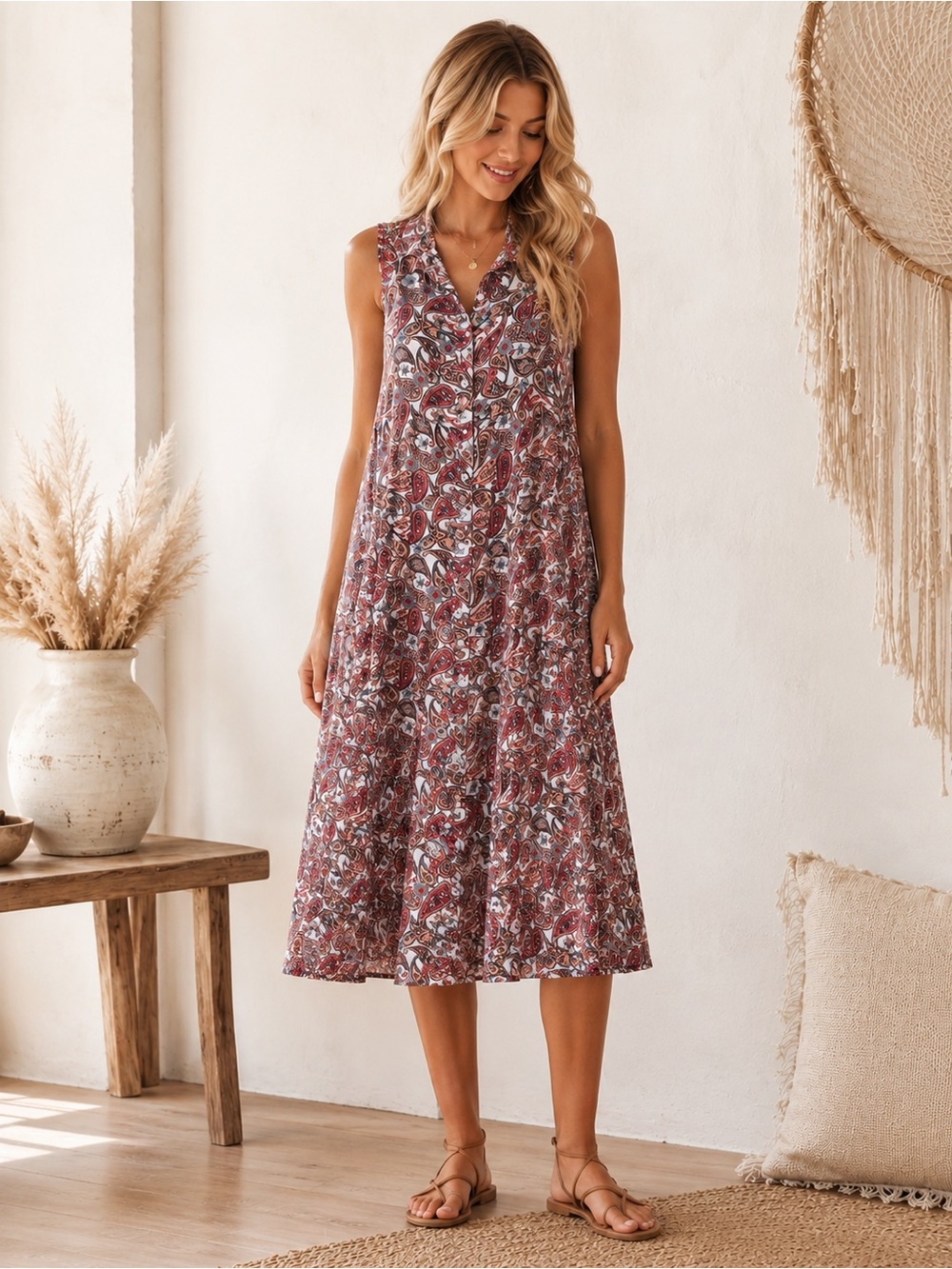 Riviera Sleeveless Midi Dress in Brown and Burgundy Paisley Boho Chic Aesthetic